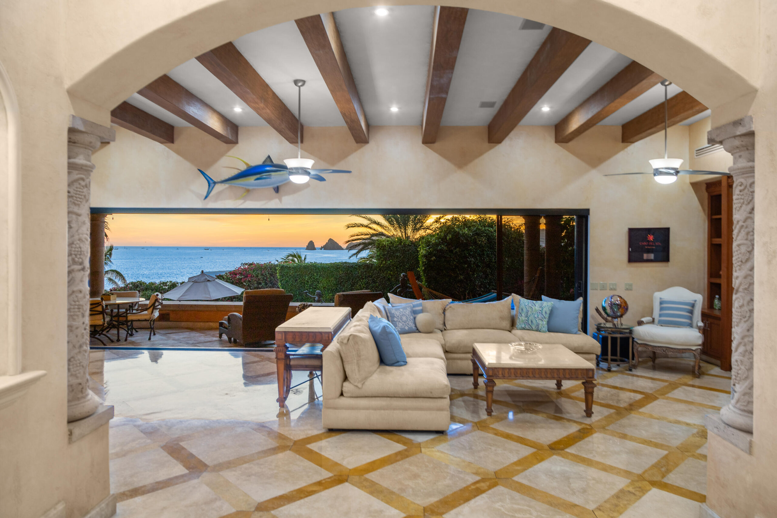 Cabo Luxury Park Hyatt Villa Mariposa is a stunning three-bedroom oceanfront retreat designed for those seeking privacy, tranquility, and timeless Baja elegance. Showcasing classic Hacienda-style architecture, the villa features rich wood furnishings, warm finishes, and tasteful pops of color that create an inviting and sophisticated atmosphere throughout.Wake up to the soothing sound of the waves and spend your days enjoying the private pool and hot tub overlooking the Sea of Cortez. The expansive terrace provides the perfect setting for al fresco dining, sunset cocktails, or simply relaxing while watching whales pass by during the season.The gourmet kitchen is equipped with high-end appliances and complemented by a charming breakfast nook. See more... The open-concept living and dining areas seamlessly connect to the spacious terrace, maximizing indoor-outdoor living and capturing breathtaking ocean for sale