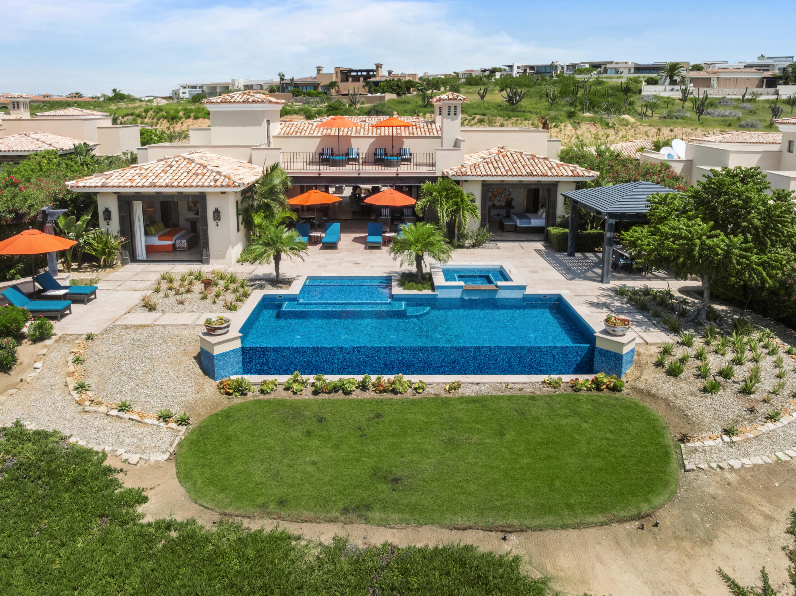 Cabo Luxury Golf Villas Welcome to Golf Villa 49 at Diamante Cabo San Lucas, where timeless architecture, elevated desert living, and exceptional value converge within one of Los Cabos' most prestigious private communities.Ideally situated just steps from the Oasis Short Course, this stunning hacienda-inspired villa is centered around a private courtyard, creating a seamless blend of indoor and outdoor living. Thoughtfully designed for both entertaining and everyday comfort, the expansive great room opens effortlessly to the terrace and courtyard, offering an inviting flow throughout the home. Offered fully furnished and turnkey, the residence comfortably accommodates up to 12 guests across five spacious bedrooms and five bathrooms, including two luxurious primary suites. Vaulted ceilings enhance the sense of scale and sophistication, while the well-designed layout provides both privacy and generous gathering spaces for family and guests alike.Recently refreshed, the villa features a newly retiled infinity-edge pool and beautifully reupholstered outdoor furnishings, enhancing the home's already exceptional outdoor living experience. Additional features include indoor and outdoor showers, deep soaking tubs, a terrace fireplace, and multiple outdoor entertaining spaces including a beautifully appointed courtyard and grilling area--perfect for enjoying Cabo's for sale